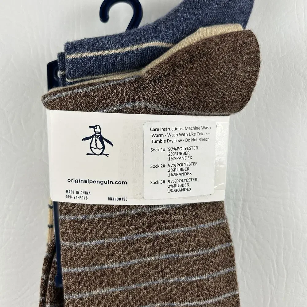 Original Penguin Men’s 3 Pack Crew Dress Socks Blue Brown Stripe Size 8-13 NWT
